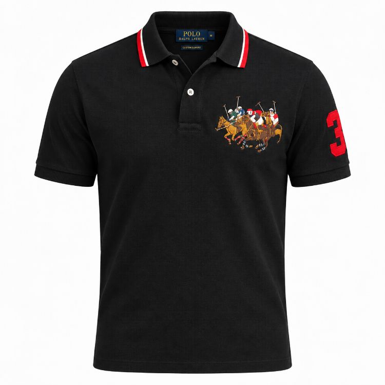 RL TRIPLE PONY CUSTOM SLIM FIT POLO SHIRT BLACK