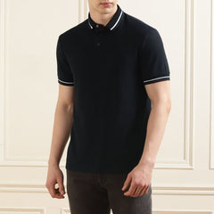 E.A7 Men Navy Solid Collar Branding Polo Shirt Navy