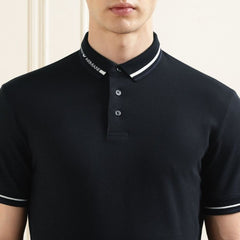 E.A7 Men Navy Solid Collar Branding Polo Shirt Navy