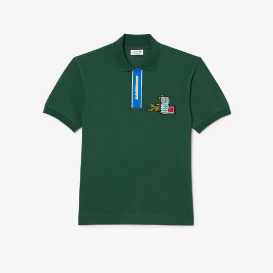 Lcoste Men's Holiday Contrast Placket and Crocodile Badge Polo Bottle Green